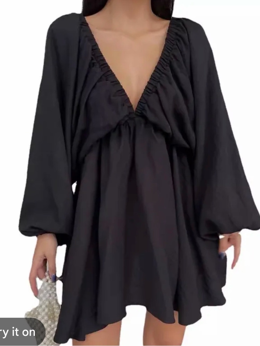 Women's Black Deep V Long Sleeve Mini Dress